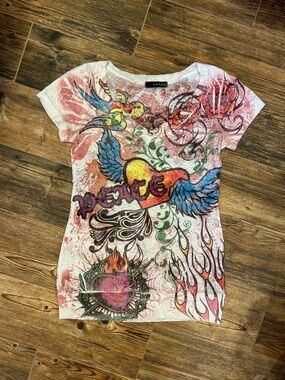 Y2K Popinjay Tattoo Graphic Tee | Ed Hardy Style Peace Heart Shirt | Vintage